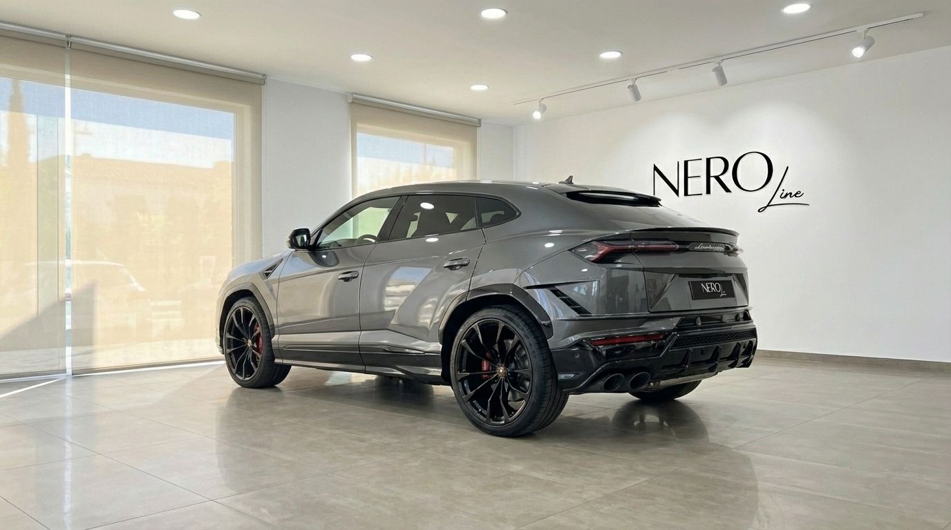 Un Lamborghini Urus S 2024 gris grafito, visto desde un ángulo trasero tres cuartos dentro de un luminoso concesionario en Madrid.