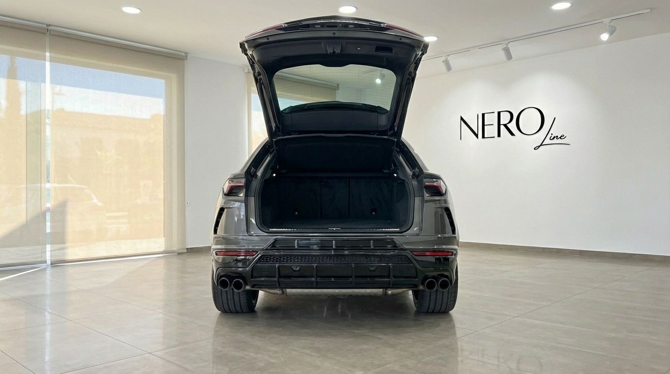 Vista trasera del Lamborghini Urus S 2024 gris grafito con el maletero abierto, mostrando su amplio espacio de carga en Madrid.