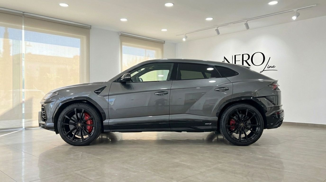 El Lamborghini Urus S 2024 gris grafito, visto de perfil, estacionado en un showroom en Madrid.