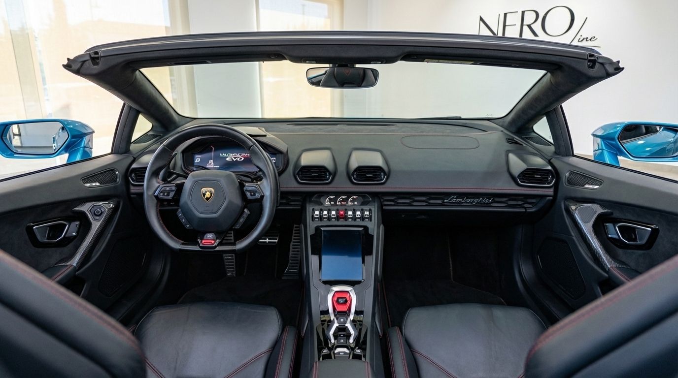 The luxurious cockpit and dashboard of the Lamborghini Huracan Evo Spyder in metallic blue, featuring the steering wheel and black leather seats, with the convertible top down in Marbella.