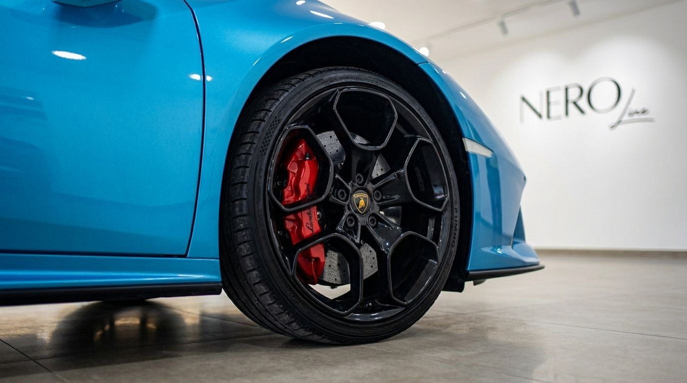 Metallic blue Lamborghini Huracan Evo Spyder's front wheel with black rims and red calipers, showcased in Marbella.