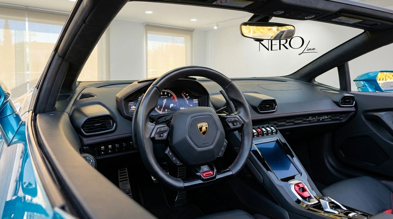 The luxurious metallic blue Lamborghini Huracan Evo Spyder's interior in Marbella, showcasing its steering wheel and dashboard.
