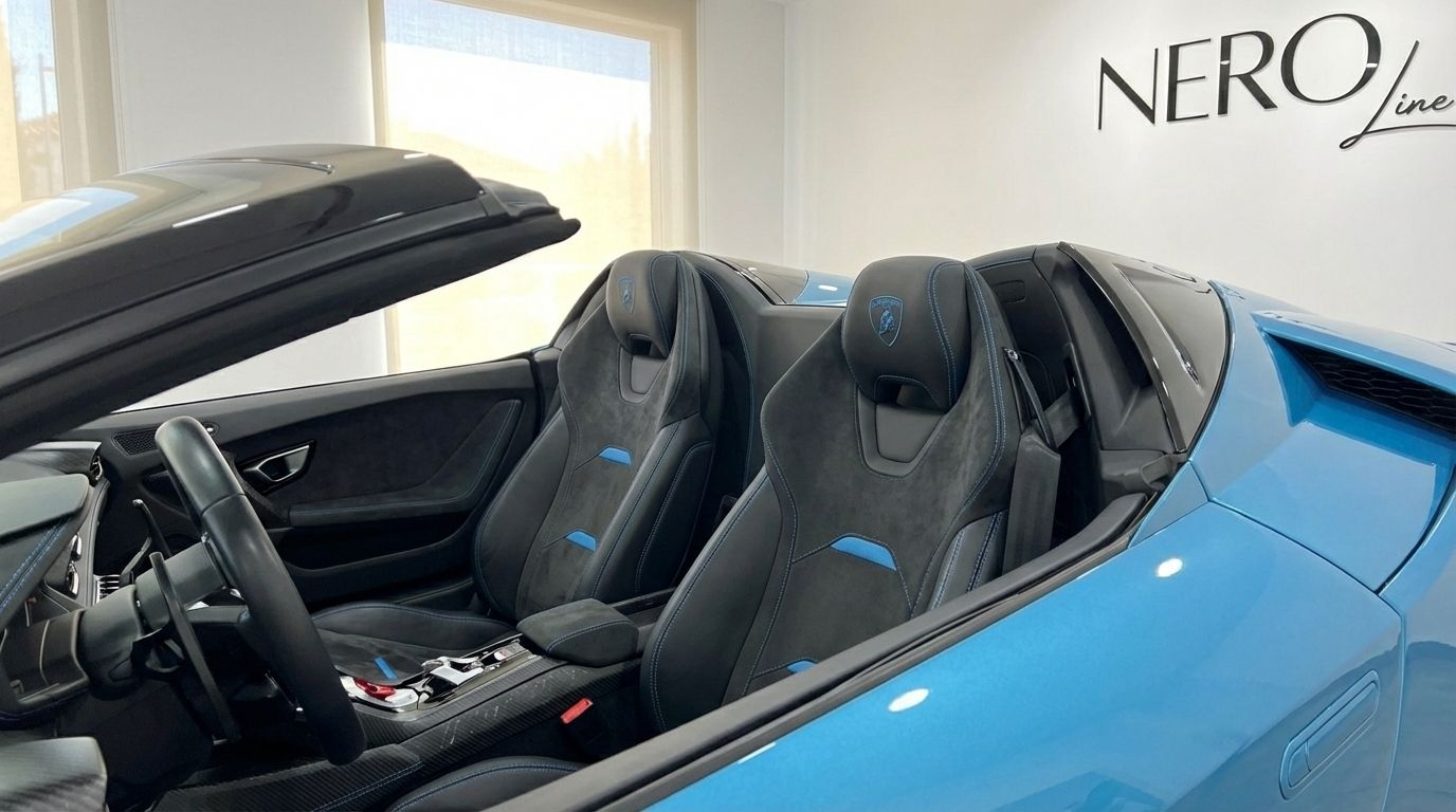 The interior of the Lamborghini Huracan Evo Spyder in Marbella, showing the black and blue Alcantara sports seats and steering wheel.