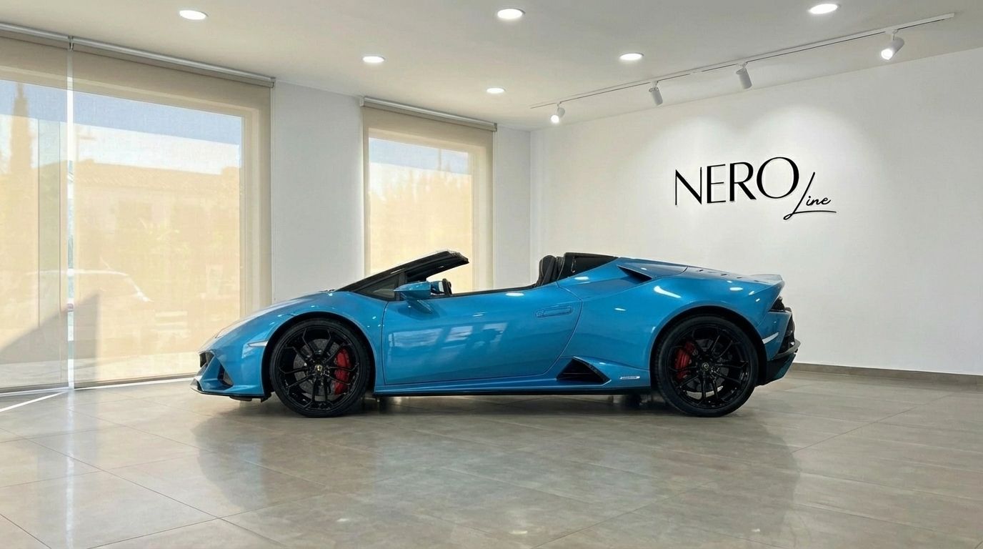 The metallic blue Lamborghini Huracan Evo Spyder, with its convertible top down, is showcased from the side in a Marbella showroom.