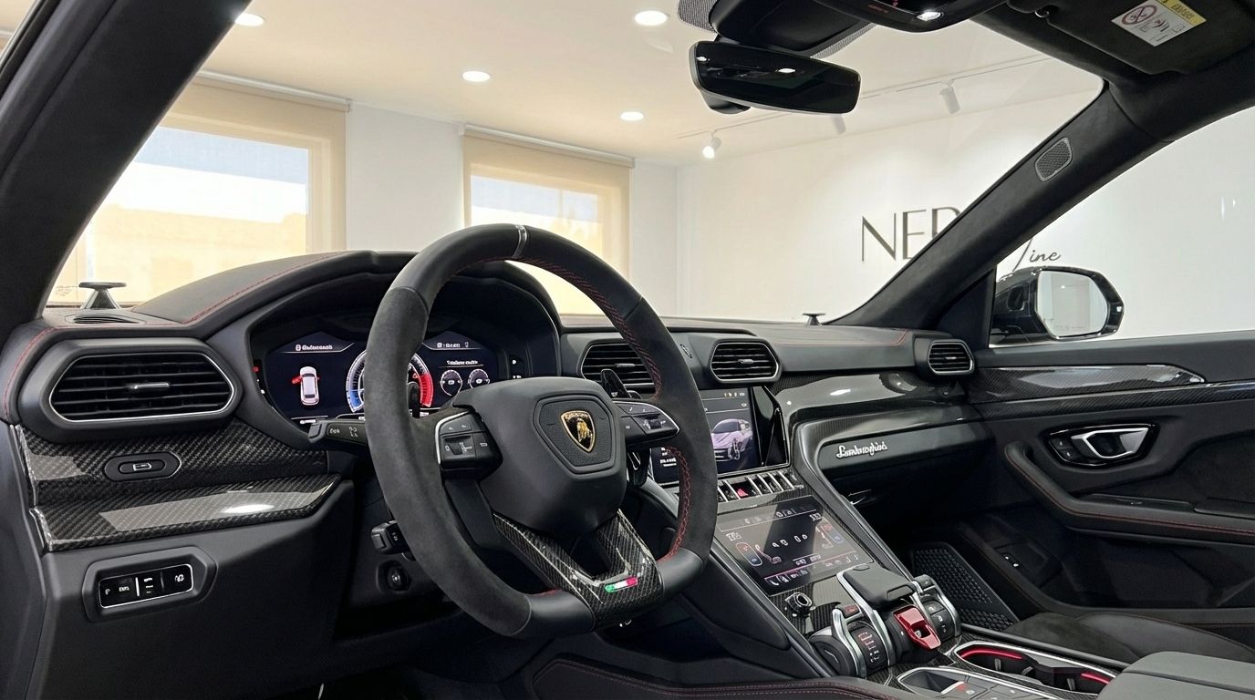 Lamborghini Urus Super interior in Alicante: steering wheel, digital dashboard, carbon fiber accents.