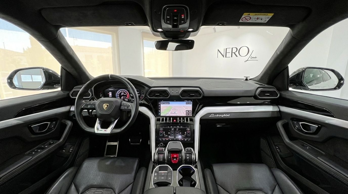 The luxurious black leather cockpit of a Lamborghini Urus Super, showcasing the dashboard, steering wheel, and central console, available in Alicante.