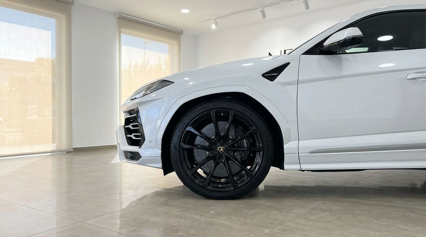 The pearl white Lamborghini Urus Super's front quarter, showcasing its black wheel and brake caliper, in a bright showroom in Alicante.