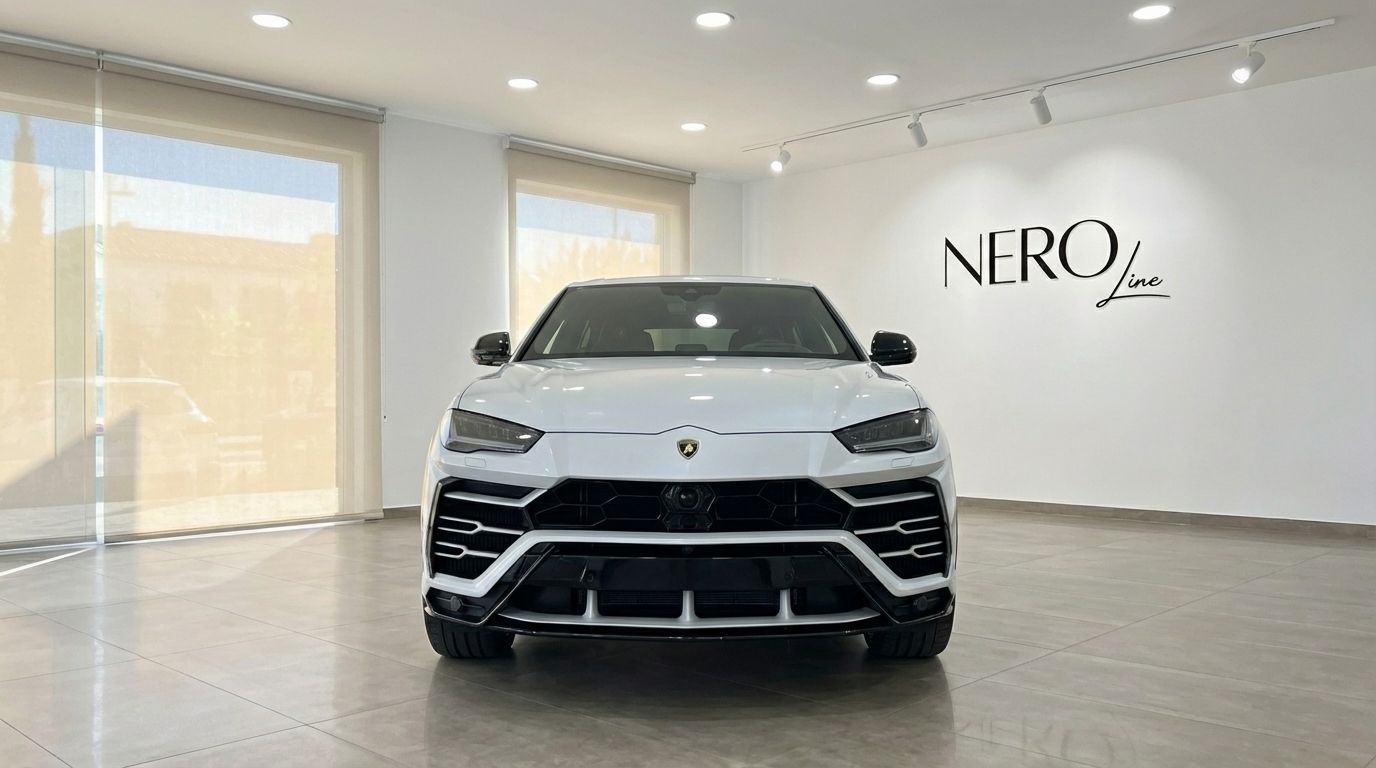 A pearl white Lamborghini Urus Super 2023 is prominently displayed from the front in a bright showroom in Alicante.