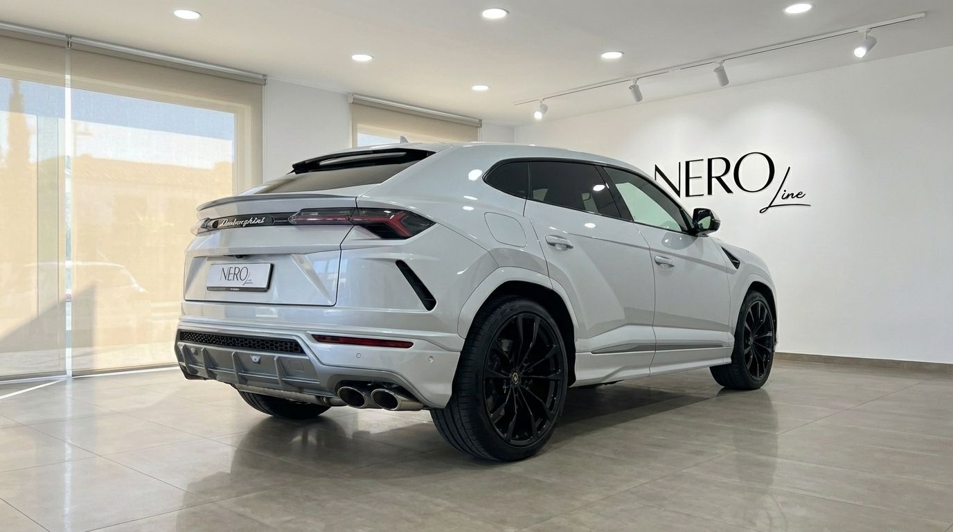A pearl white Lamborghini Urus Super is parked in a showroom, captured from its rear three-quarter angle in Alicante.