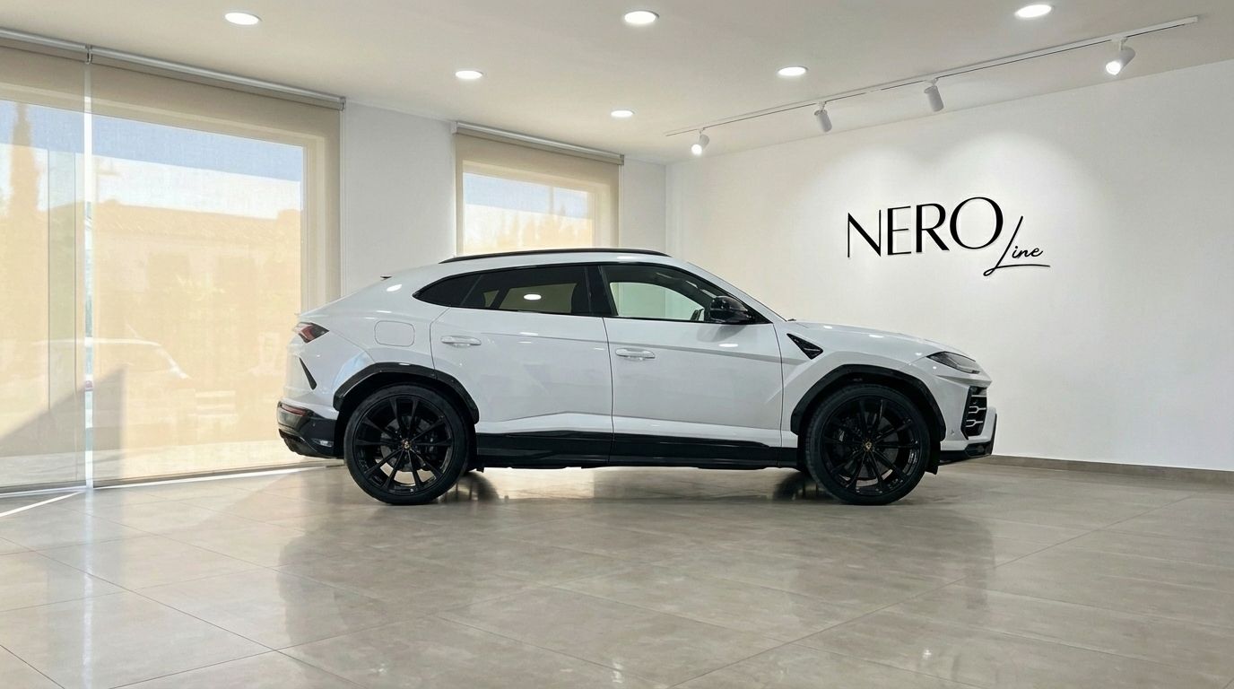 A pearl white Lamborghini Urus Super is presented in a side profile view, parked in a bright showroom in Alicante with the Nero Line logo.