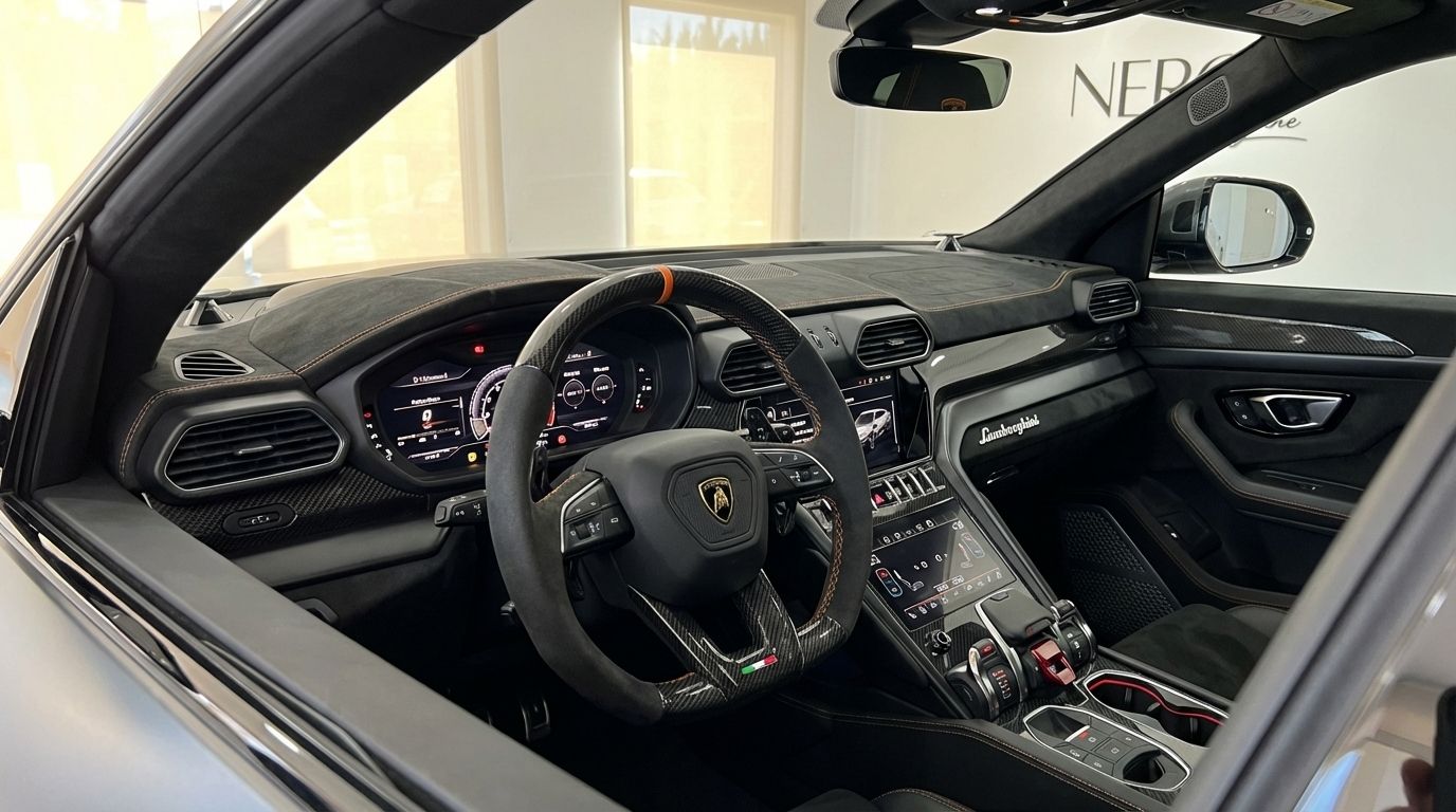 El lujoso habitáculo del Lamborghini Urus Performante 2025 en Madrid, mostrando el volante, el salpicadero y la consola central.