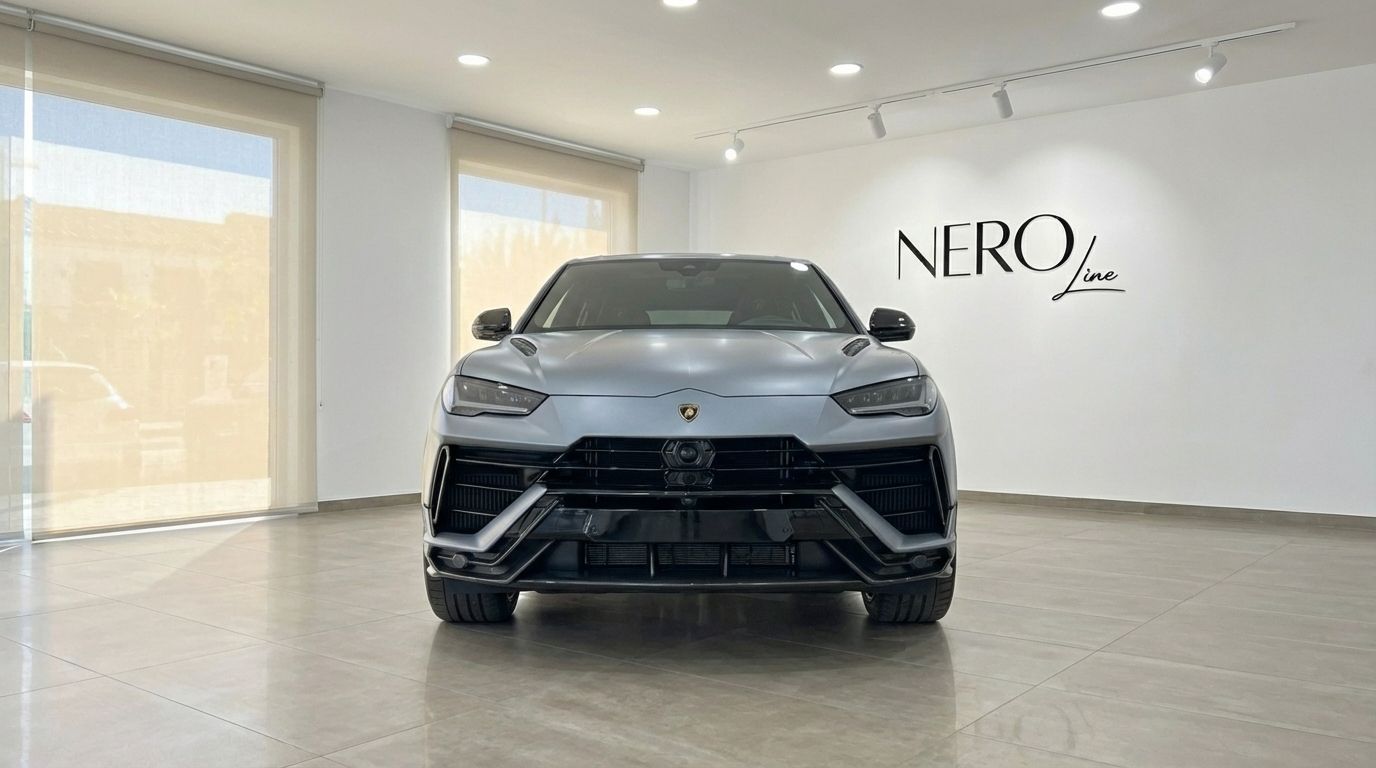 El Lamborghini Urus Performante 2025 gris mate está aparcado de frente en un concesionario de Madrid, mostrando su agresiva parte delantera.