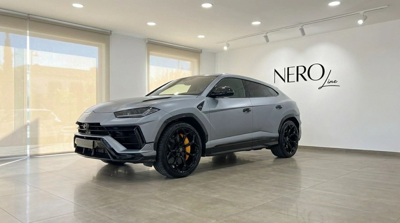 Lamborghini Urus Performante — Showroom Madrid El Lamborghini Urus Performante 2025 gris mate se exhibe desde un ángulo frontal tres cuartos en un moderno showroom de Madrid con el logo de Nero Line.
