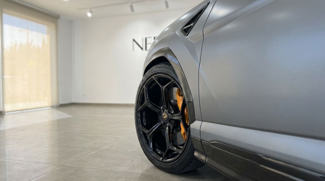 Primer plano de la rueda delantera del Lamborghini Urus Performante gris mate con llanta negra y pinza amarilla en un concesionario de Madrid.