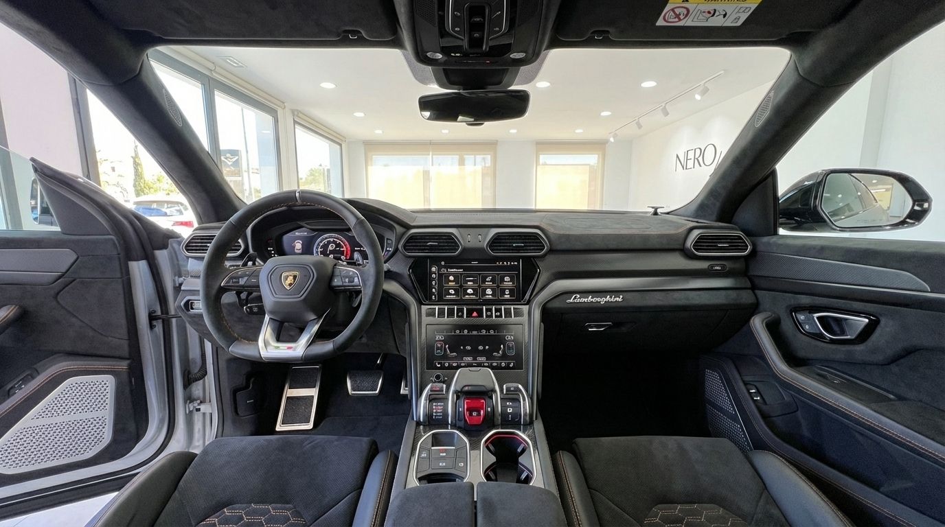 El lujoso interior y la cabina del Lamborghini Urus Performante 2025 gris mate, mostrando sus controles avanzados y materiales premium en Madrid.