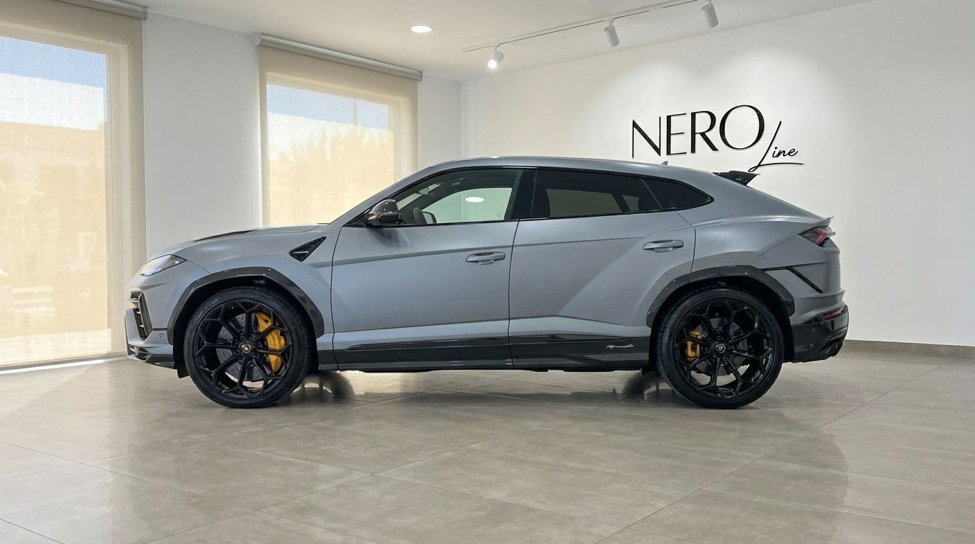 El Lamborghini Urus Performante gris mate se exhibe de perfil, estacionado en interiores en Madrid con pinzas de freno amarillas visibles.