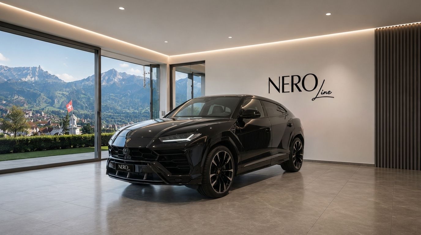 A black Lamborghini Urus is parked in a modern showroom with a panoramic view of the mountains in Zurich.
