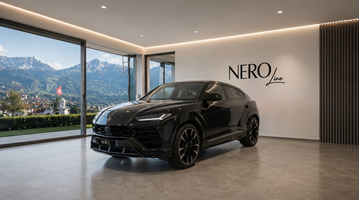 Lamborghini Urus — Showroom view in Zurich A black Lamborghini Urus is parked in a modern showroom with a panoramic view of the mountains in Zurich.