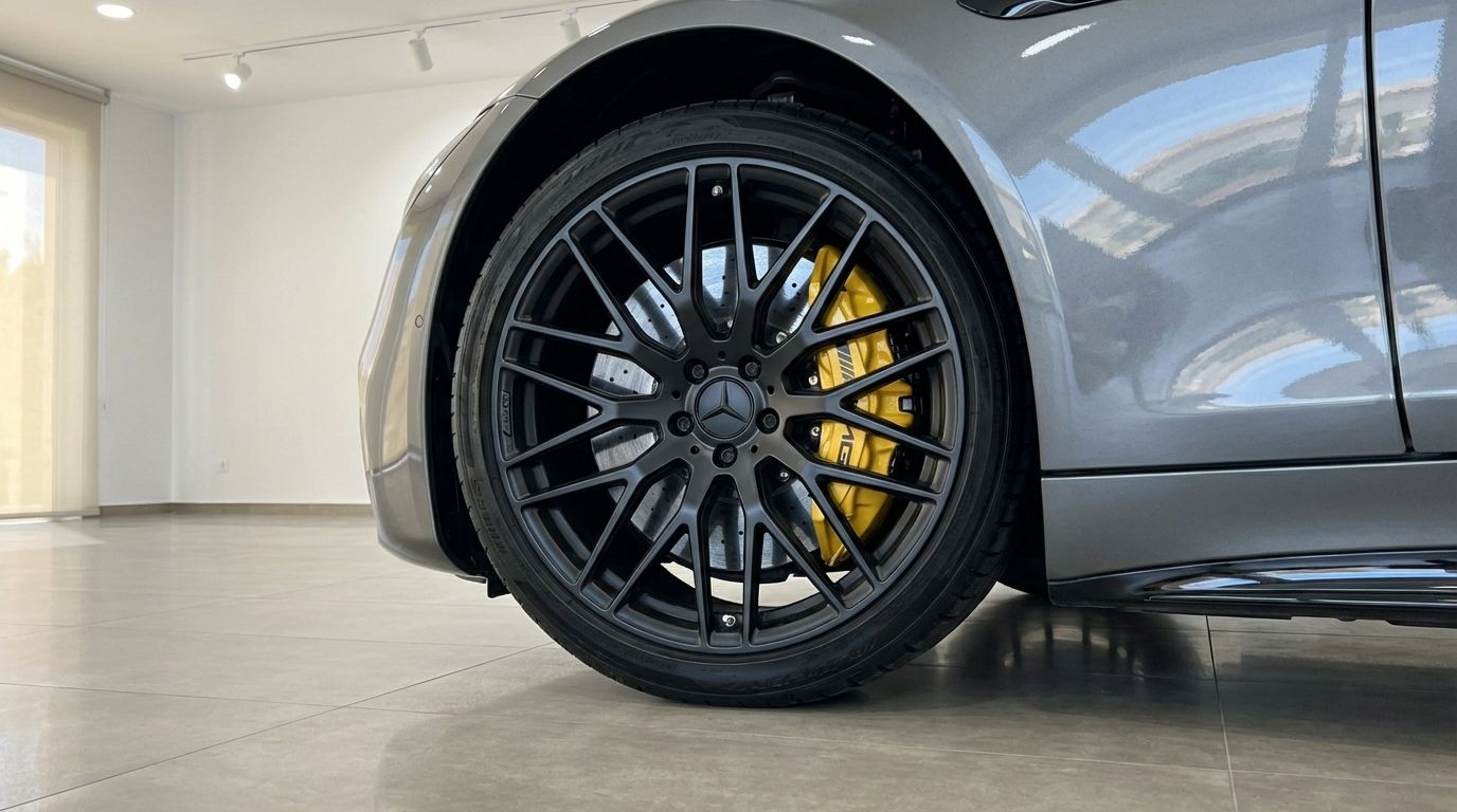 Mercedes-Benz AMG GT Roadster's front wheel with black multi-spoke rim and prominent yellow AMG brake calipers, in Ibiza.