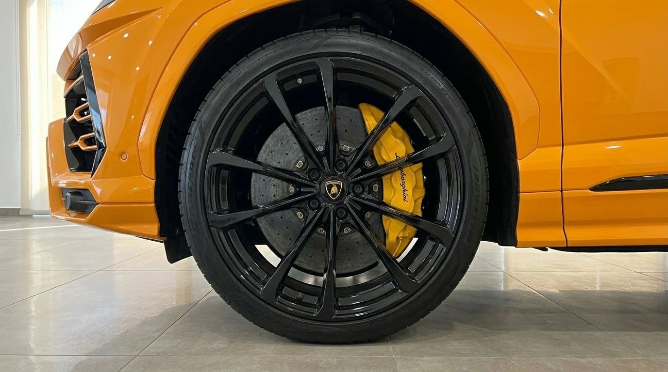A close-up of the orange Lamborghini Urus S's front wheel, featuring a black rim and prominent yellow brake caliper, in Barcelona.