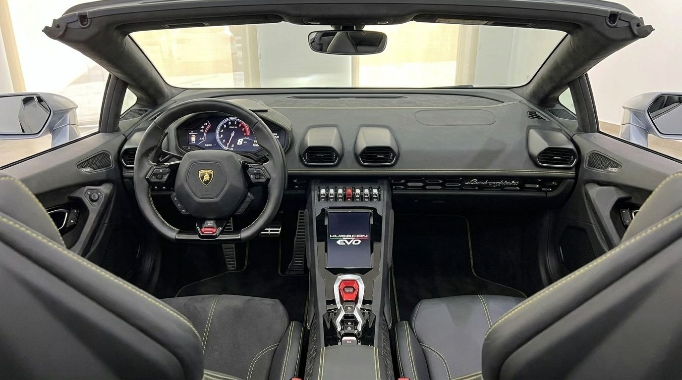 The luxurious interior cockpit of the Lamborghini Huracan Evo Spyder in matte gray, featuring the steering wheel, dashboard, and central console, available in Ibiza.