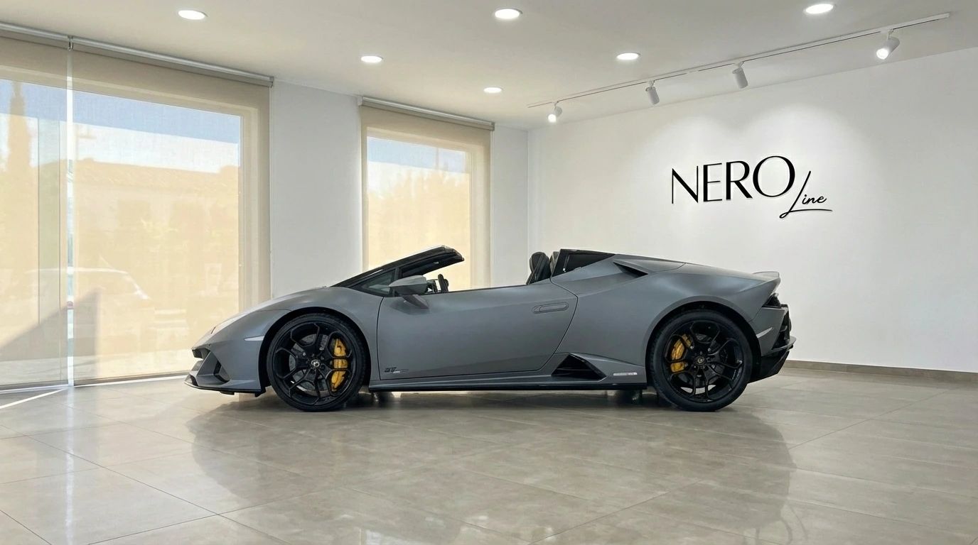Matte gray Lamborghini Huracan Evo Spyder 60th Anniversary convertible with its top down, parked indoors in Ibiza.