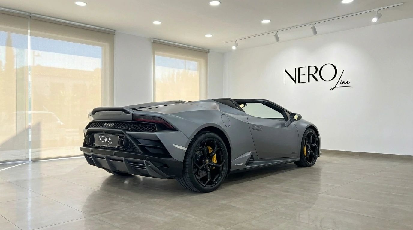 The matte gray Lamborghini Huracan Evo Spyder 60th Anniversary is showcased from a rear three-quarter angle in a bright showroom in Ibiza.