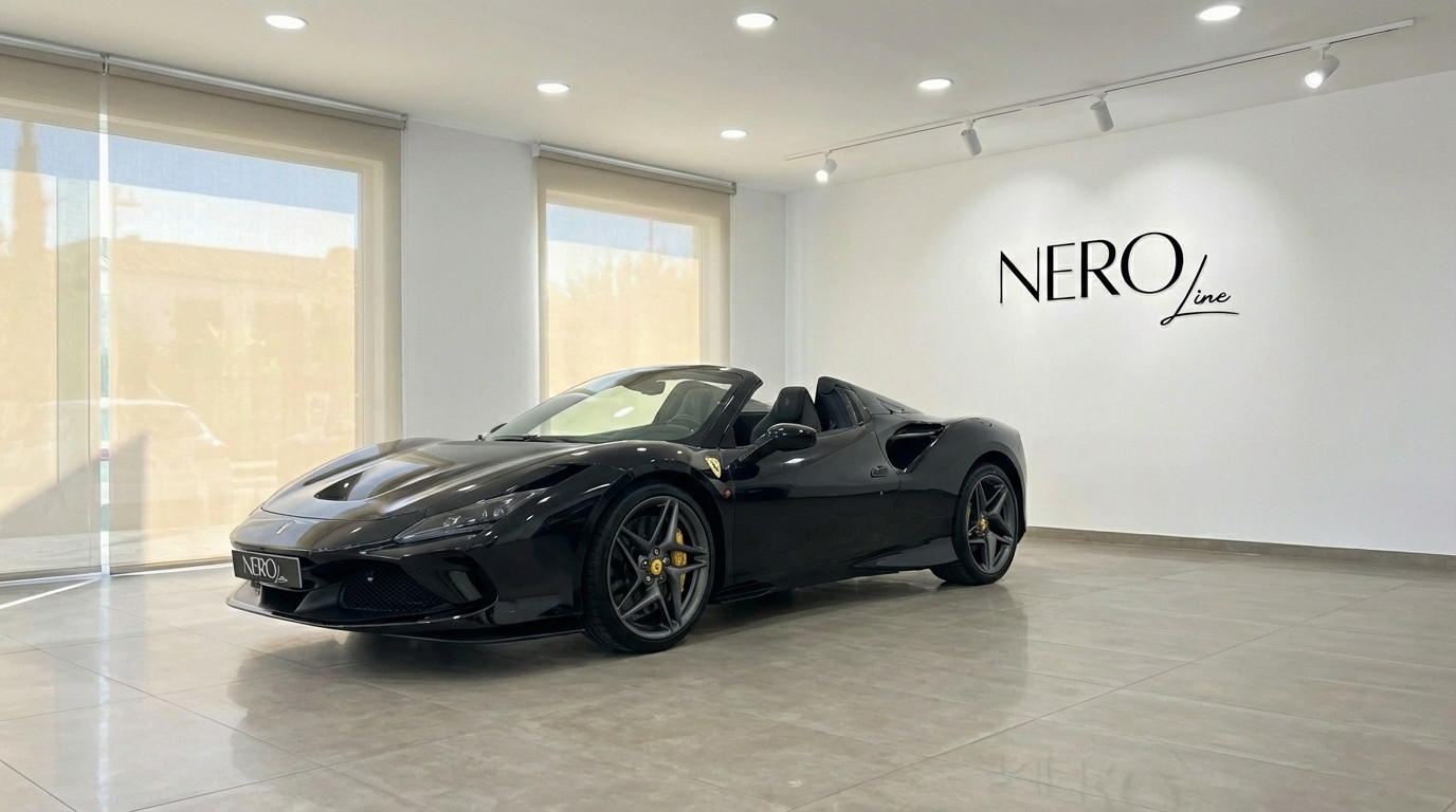 Ferrari F8 Spider — Luxury Convertible Rental Ibiza A black Ferrari F8 Spider convertible is parked in a bright showroom with the NEROline logo on the wall, available in Ibiza.