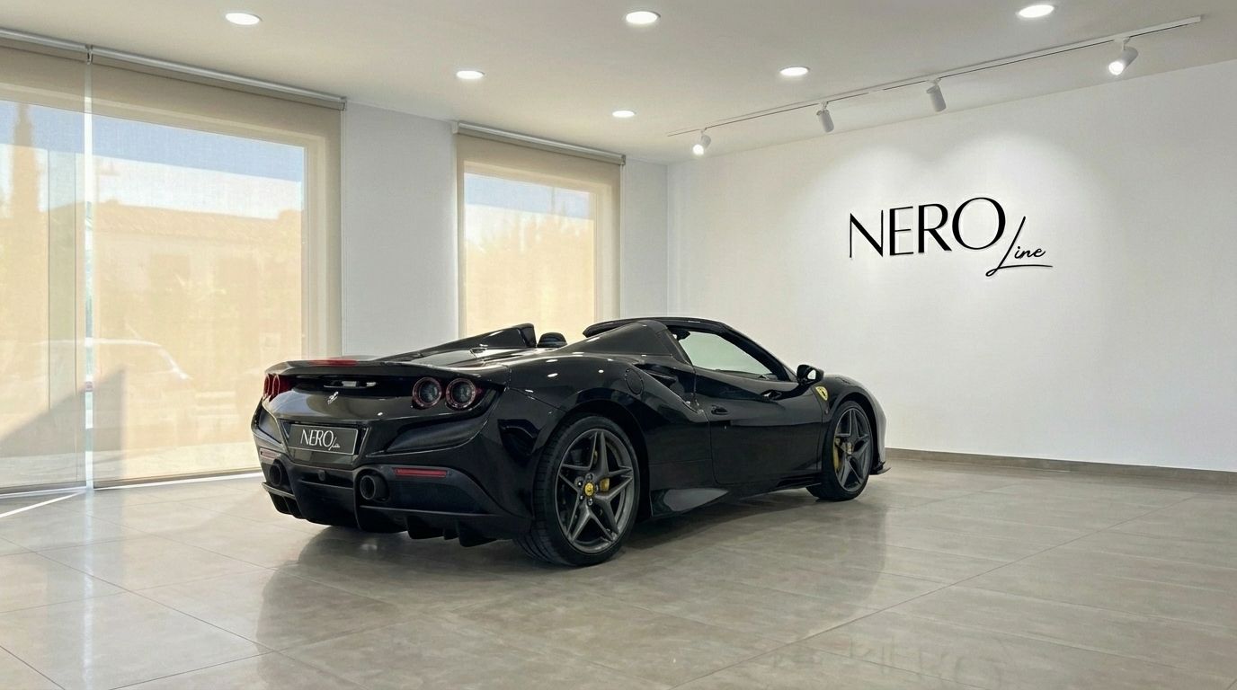 A sleek black 2023 Ferrari F8 Spider, viewed from the rear three-quarter angle, parked indoors at the Nero Line showroom in Ibiza.