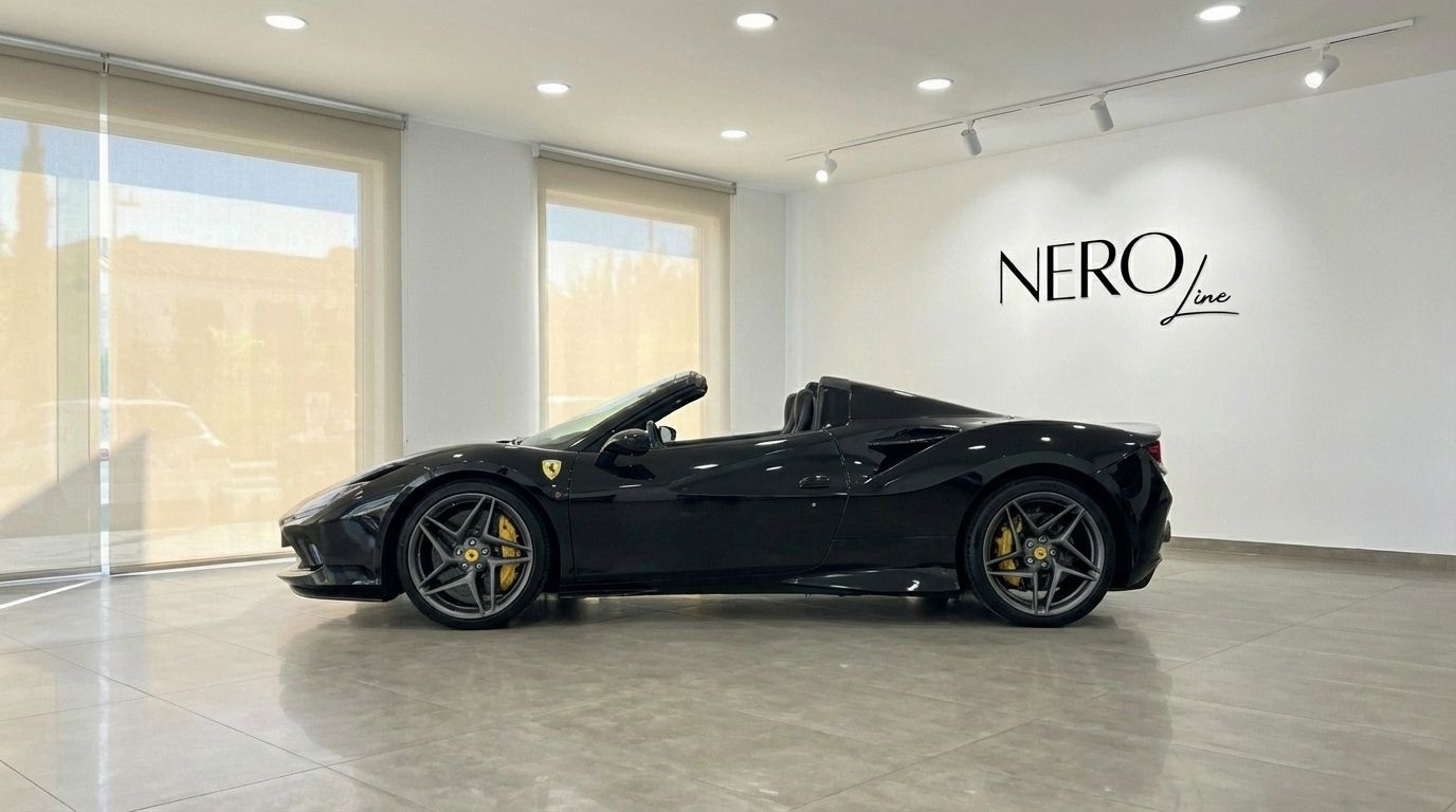 The black 2023 Ferrari F8 Spider, with its convertible top down, is showcased in a showroom in Ibiza.