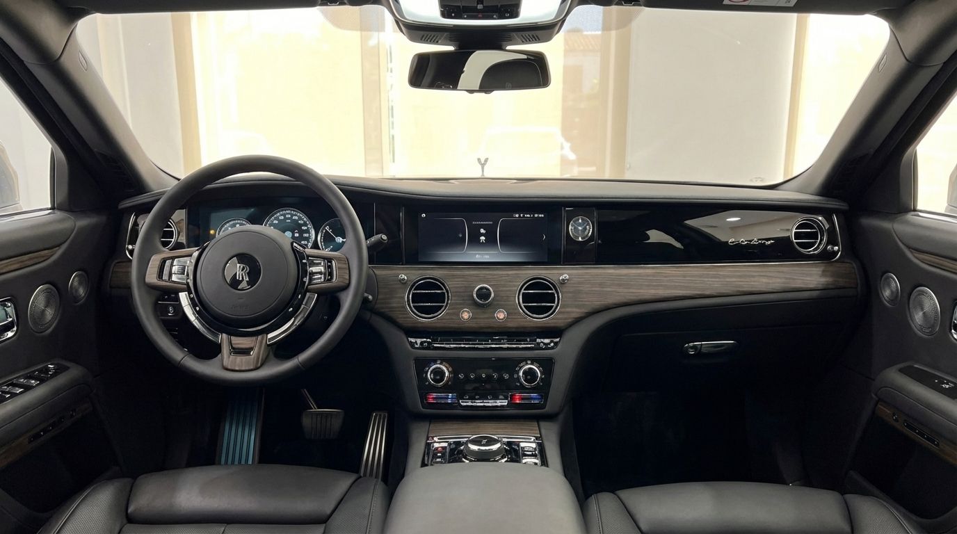 The luxurious interior of the 2024 Rolls-Royce Ghost in Valencia, showcasing its elegant dashboard, steering wheel, and black leather seats.