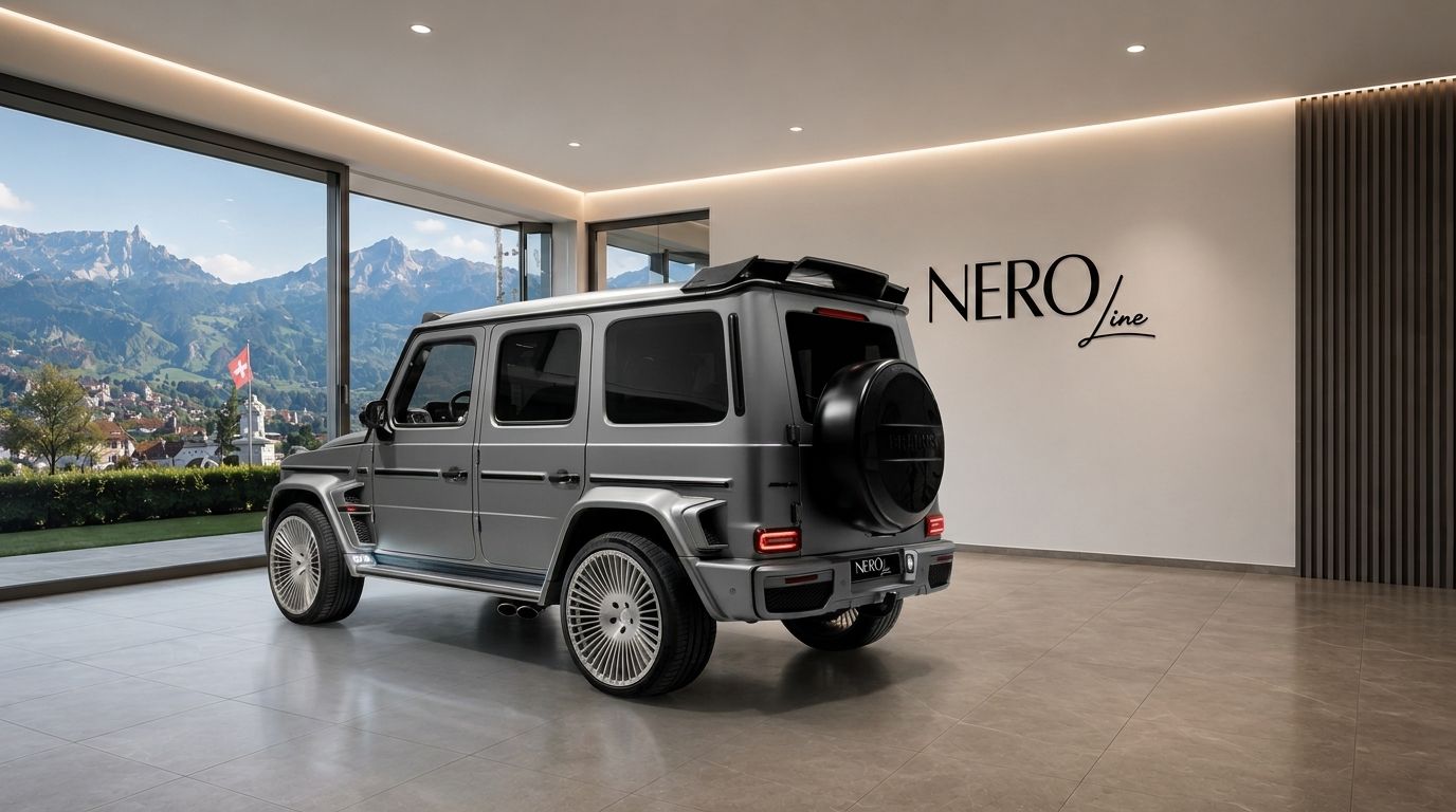 The grey Mercedes-Benz G63 AMG is parked in a modern showroom with a view of the Zurich mountains.