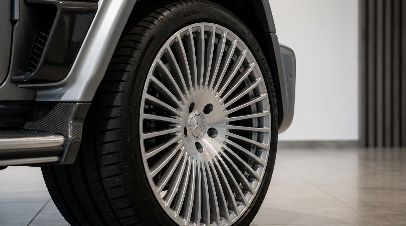 Close-up of the Mercedes-Benz G63 AMG's multi-spoke silver wheel and tire, with carbon fiber accents visible in Zurich.