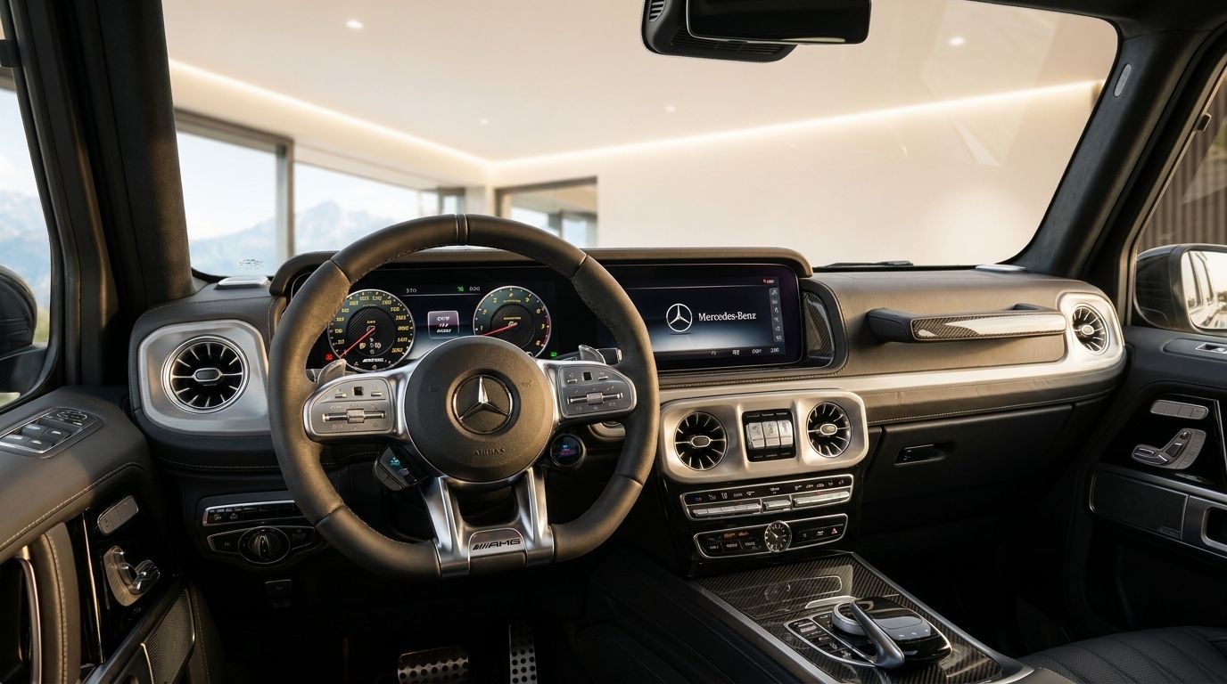 The luxurious cockpit and dashboard of the Mercedes-Benz G63 AMG, featuring a steering wheel and dual screens, visible in Zurich.