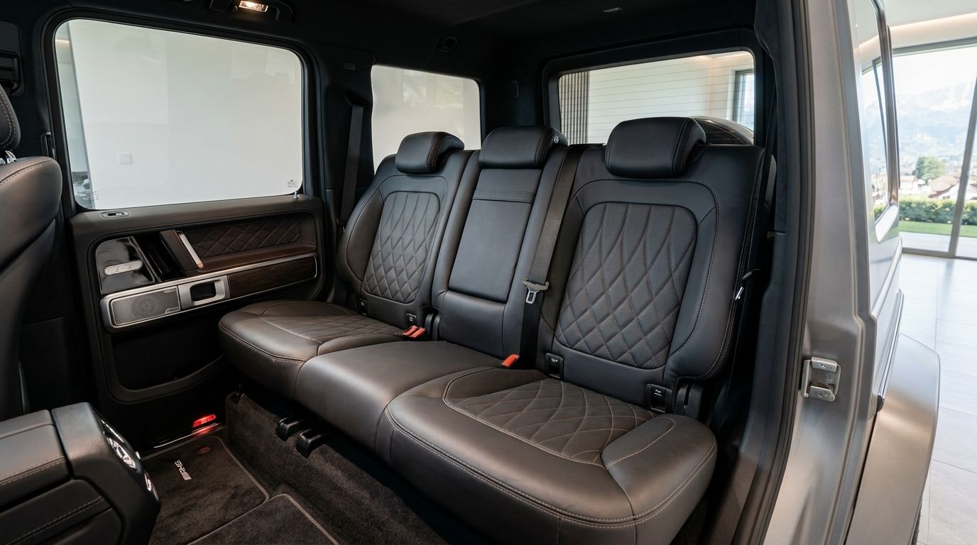 The luxurious black leather rear seats with diamond stitching inside the Mercedes-Benz G63 AMG in Zurich.