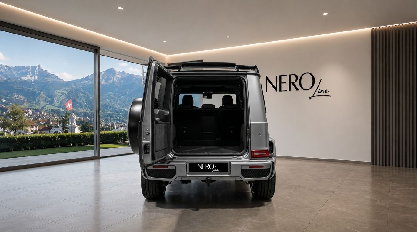 The rear view of a grey Mercedes-Benz G63 AMG with its trunk open, parked in a showroom in Zurich, overlooking mountains.