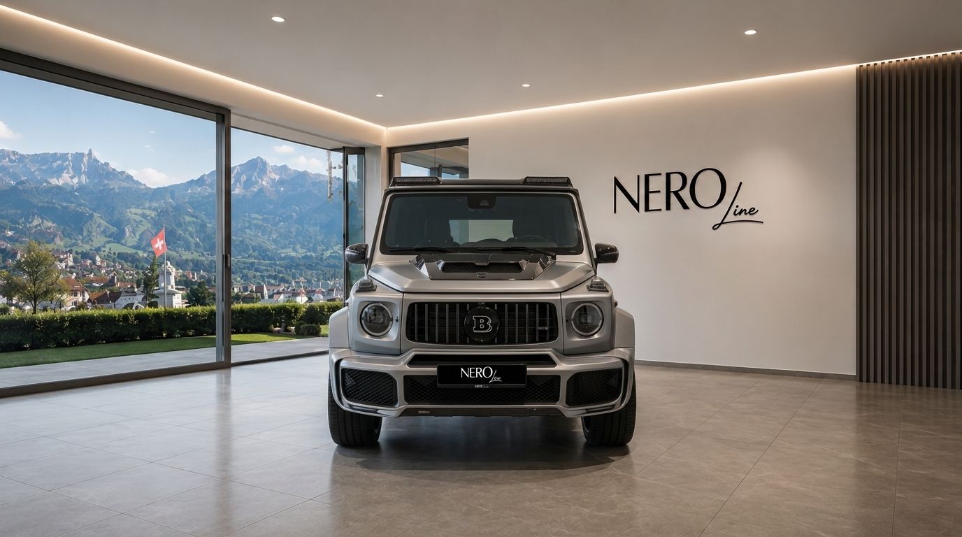 The Mercedes-Benz G63 AMG is showcased from the front in a luxurious Zurich showroom, with a stunning mountain vista visible through large windows.
