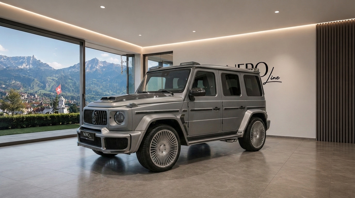 Mercedes-Benz G63 AMG — Showroom in Zurich The grey Mercedes-Benz G63 AMG is showcased in a modern showroom with a stunning mountain view in Zurich.