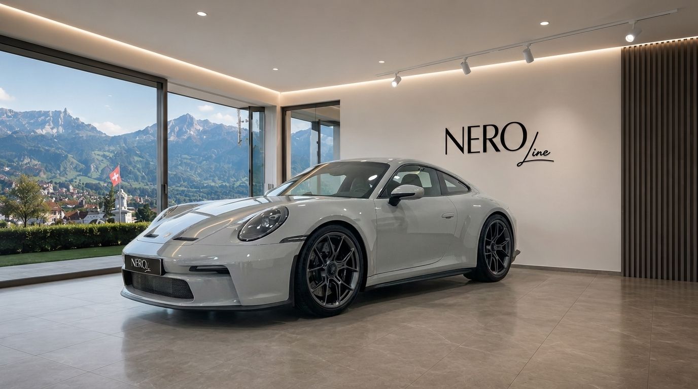 The Porsche GT3 RS in gloss Arctic Grey is showcased indoors, with a panoramic view of the Zurich mountains.