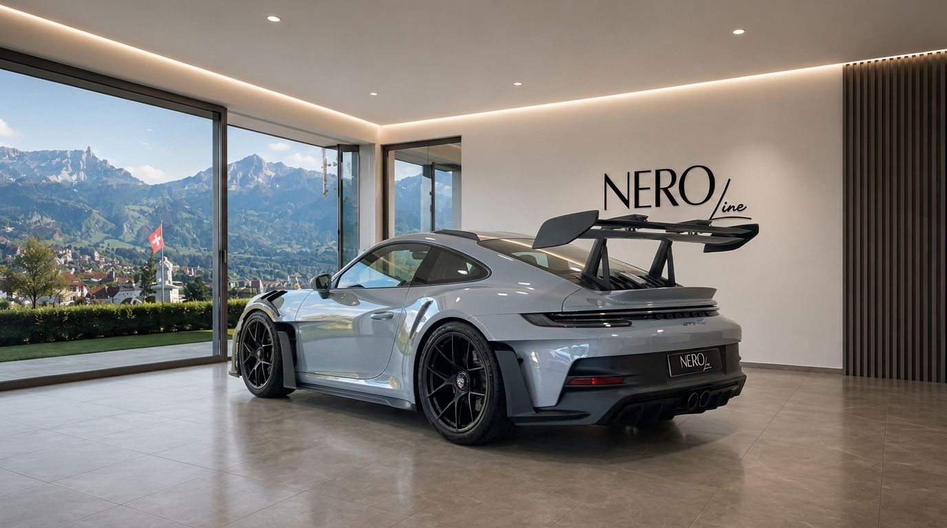 The gloss Arctic Grey Porsche GT3 RS is displayed in a modern showroom, with a stunning mountain landscape of Zurich visible through large windows.