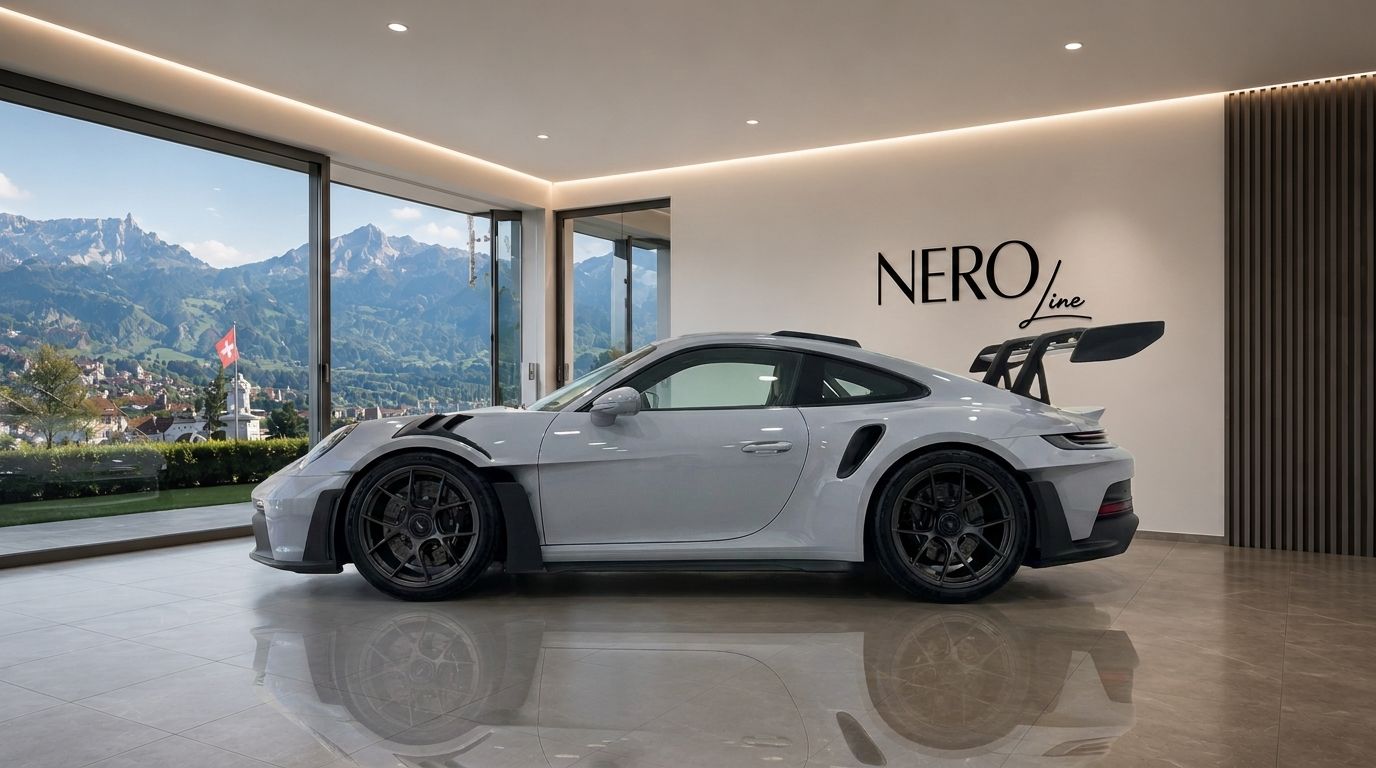 The gloss Arctic Grey Porsche GT3 RS is parked indoors, showcasing its side profile and large rear wing, with a stunning mountain view of Zurich in the background.