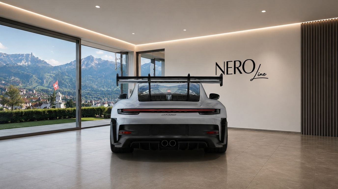 Rear view of the gloss Arctic Grey Porsche GT3 RS in a modern garage overlooking the mountains of Zurich.