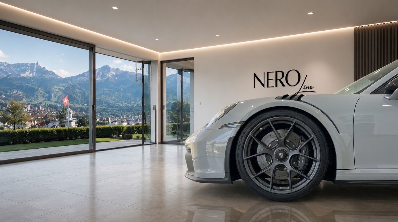 A gloss Arctic Grey Porsche GT3 RS front quarter view inside a modern showroom with panoramic mountain views in Zurich.