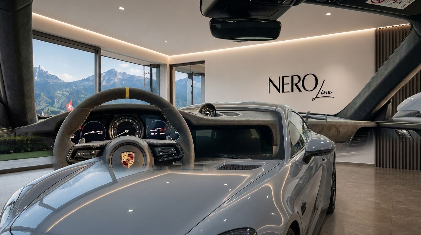 The gloss Arctic Grey Porsche GT3 RS is displayed in a Zurich showroom, showcasing its front exterior and detailed interior with a mountain view.