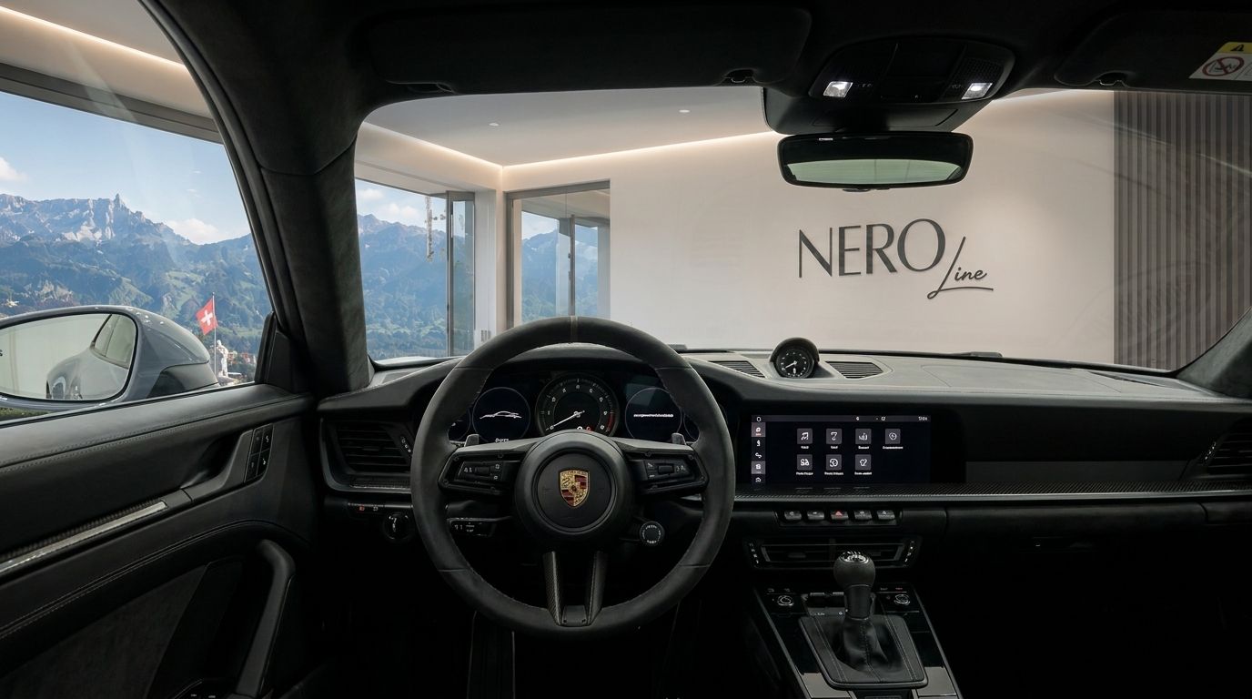 The Porsche GT3 RS cockpit interior showcases the steering wheel, dashboard, and infotainment screen, with Swiss Alps visible in Zurich.