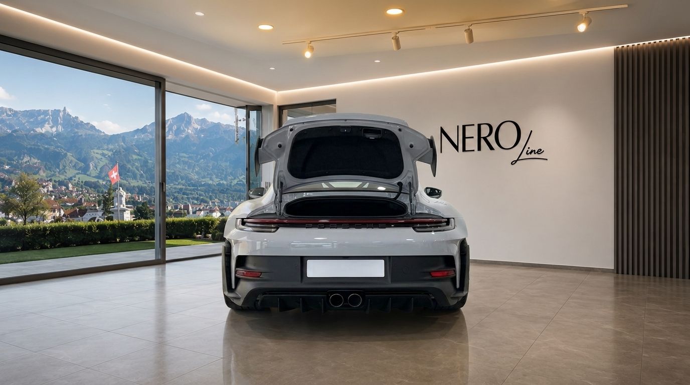 The Porsche GT3 RS in gloss Arctic Grey is shown from the rear with its frunk open, parked in a modern showroom overlooking Zurich's mountains.