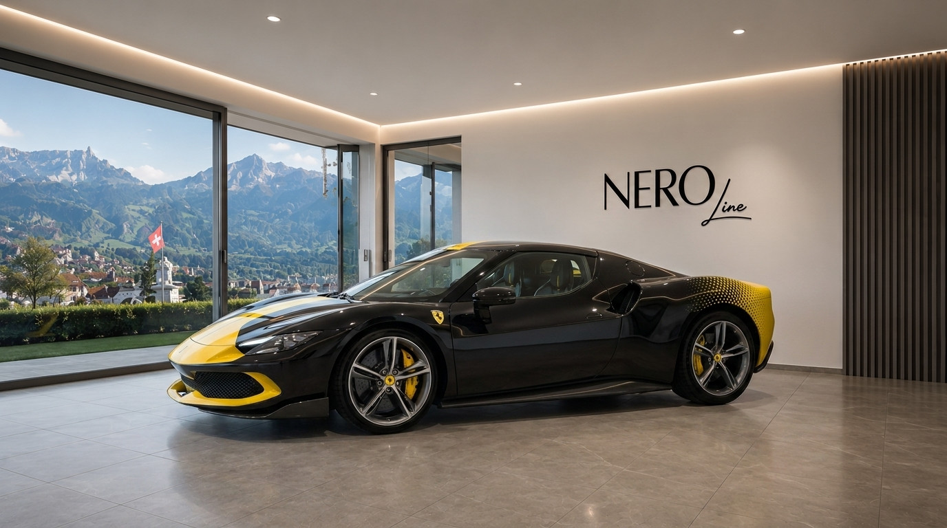 Ferrari 296 GTB — Luxury showroom in Zurich The black and yellow Ferrari 296 GTB is parked in a modern showroom with a panoramic view of the mountains in Zurich.
