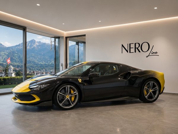 Ferrari 296 GTB — Luxury showroom in Zurich The black and yellow Ferrari 296 GTB is parked in a modern showroom with a panoramic view of the mountains in Zurich.
