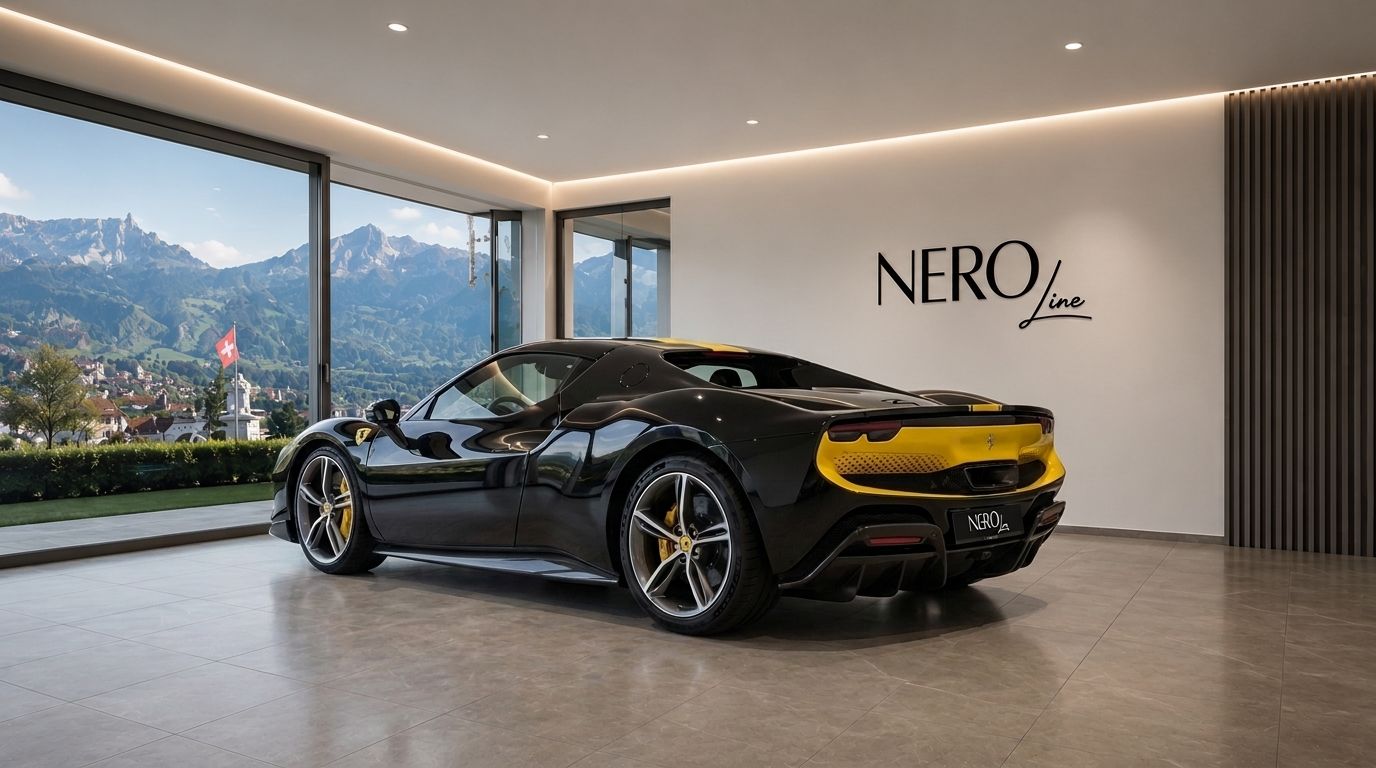 The black Ferrari 296 GTB with yellow accents is displayed in a modern showroom, overlooking the majestic snowy mountains of Zurich.