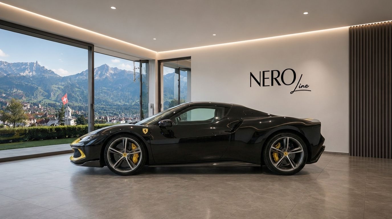 The black Ferrari 296 GTB is parked on a showroom floor, with a stunning mountain landscape of Zurich visible through large windows.